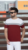 Men’s Striped T-Shirt – Short Sleeve Crew Neck Casual Tee in White, Grey & Maroon