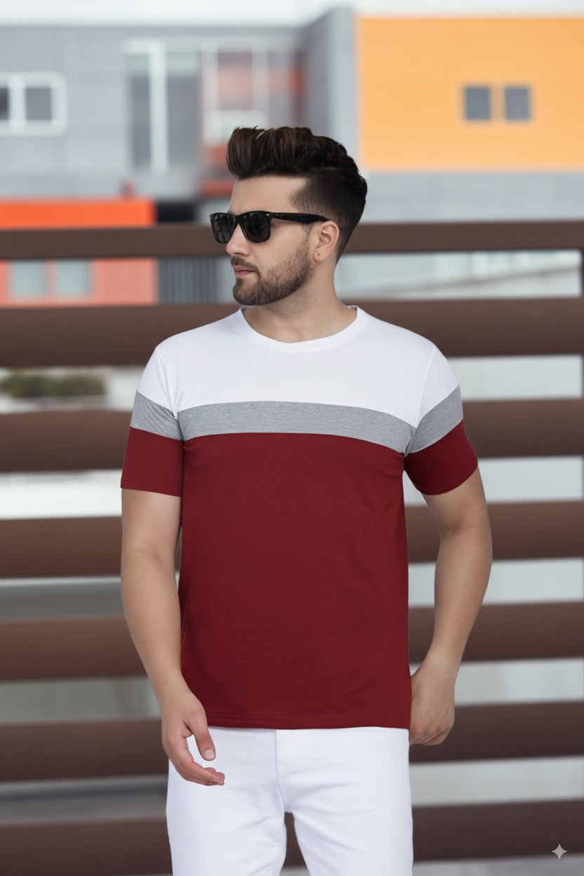 Men’s Striped T-Shirt – Short Sleeve Crew Neck Casual Tee in White, Grey & Maroon