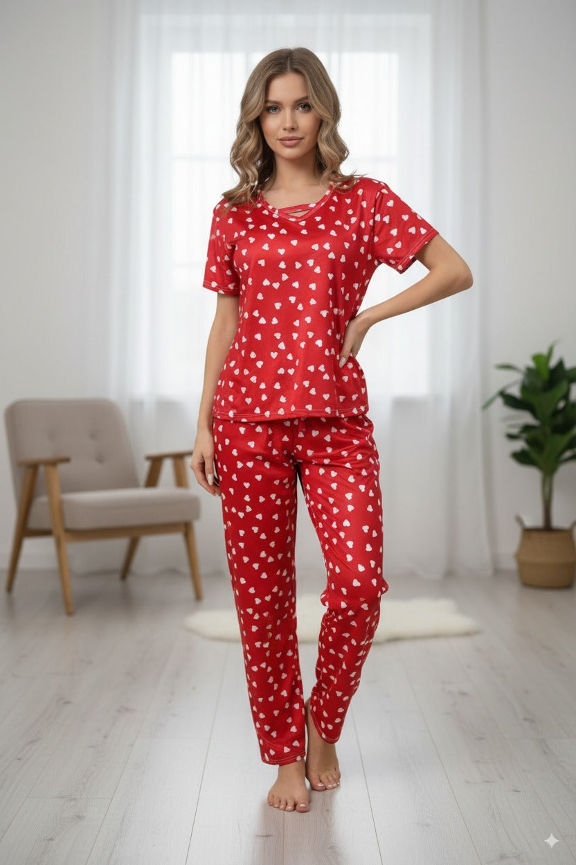 Women Red Printed Night Suite