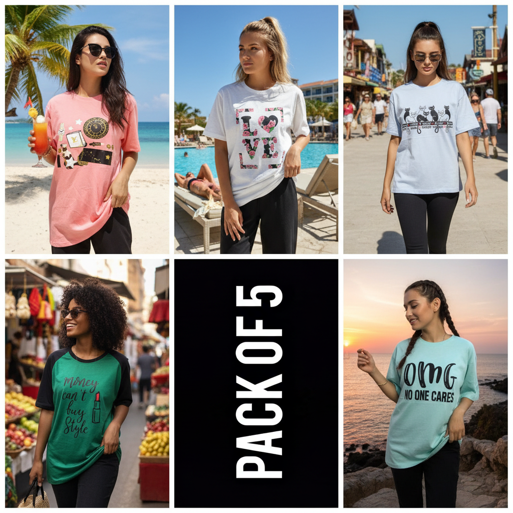 Pack of 5 Women’s Graphic T-Shirts | Casual Short Sleeve Crew Neck Tees - Mayaar Collections