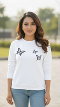 Women's Casual Crew Neck Sweatshirt Soft & Loose Fit Pullover In White Butterfly Printed - Mayaar Collections
