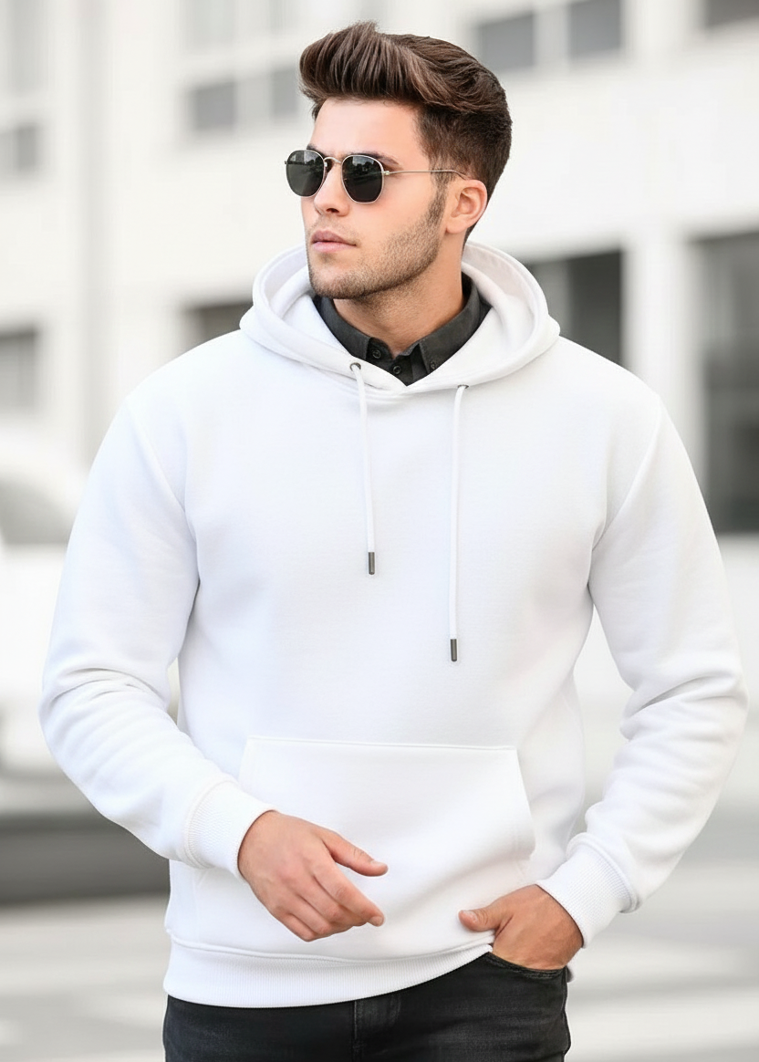 Mens White Hoodie Pullover Long Sleeve Casual Fashion Sweatshirts Drawstring Gym Hooded Shirt with kangaroo Pocket - Mayaar Collections