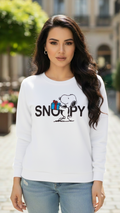 Women's Casual Crew Neck Sweatshirt Soft & Loose Fit Pullover In White Color Snoopy Printed - Mayaar Collections
