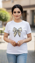 Women's T-Shirt – Short Sleeve Crew Neck Casual Tee in White Money Bow Graphic T-Shirt - Mayaar Collections