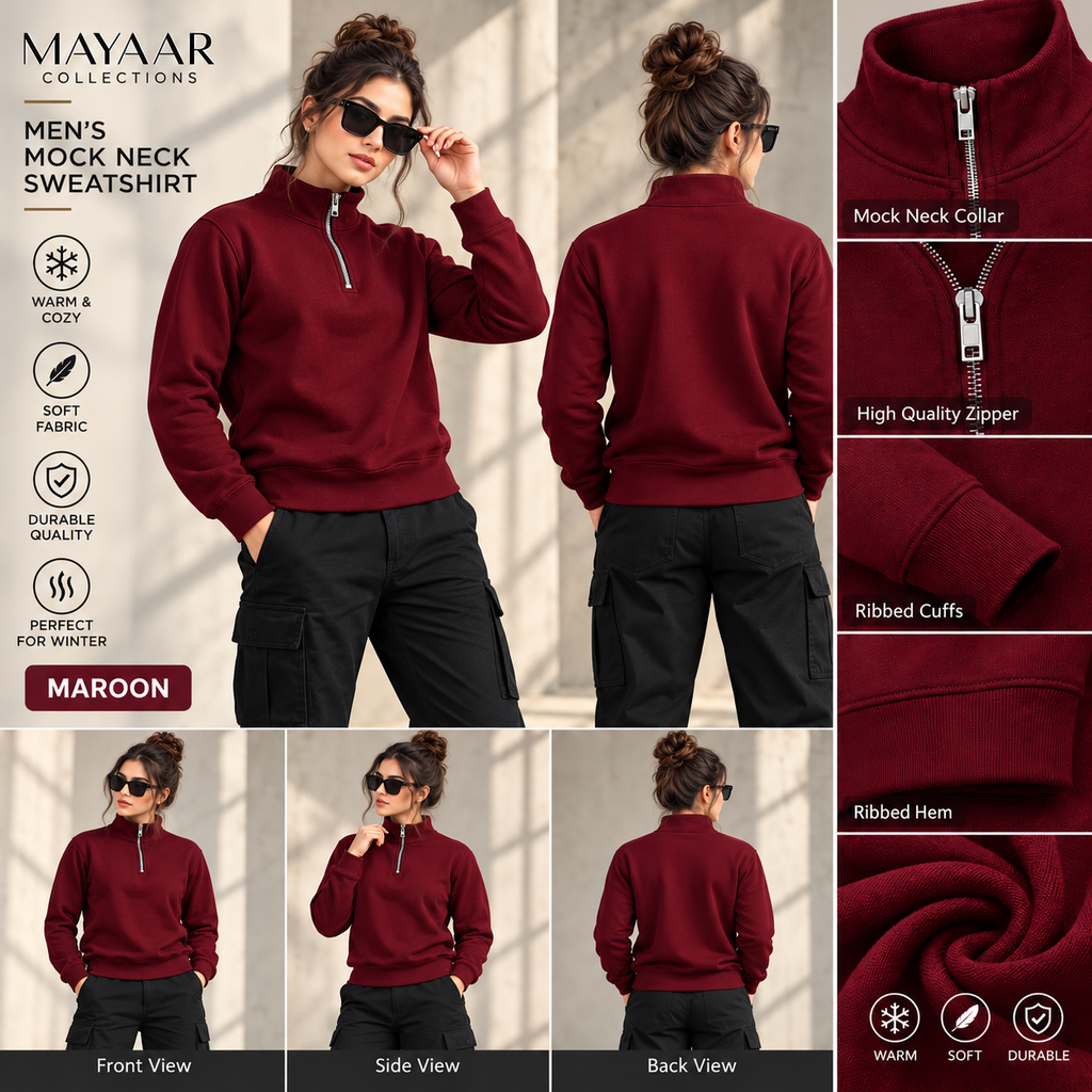 Women’s Maroon Mock Neck Sweatshirt – Long Sleeve Casual Pullover for Gym, Workout & Everyday Wear