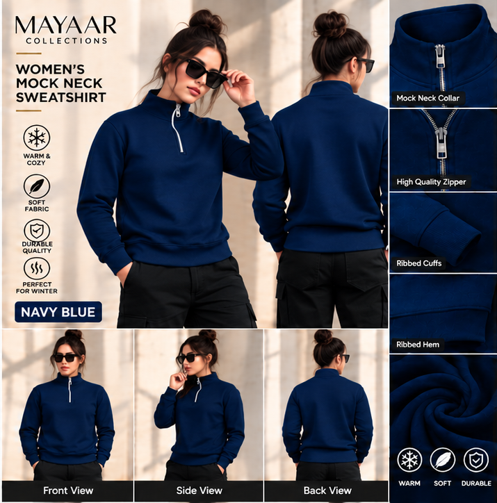 Women’s Navy Blue Mock Neck Sweatshirt – Long Sleeve Casual Pullover for Gym, Workout & Everyday Wear