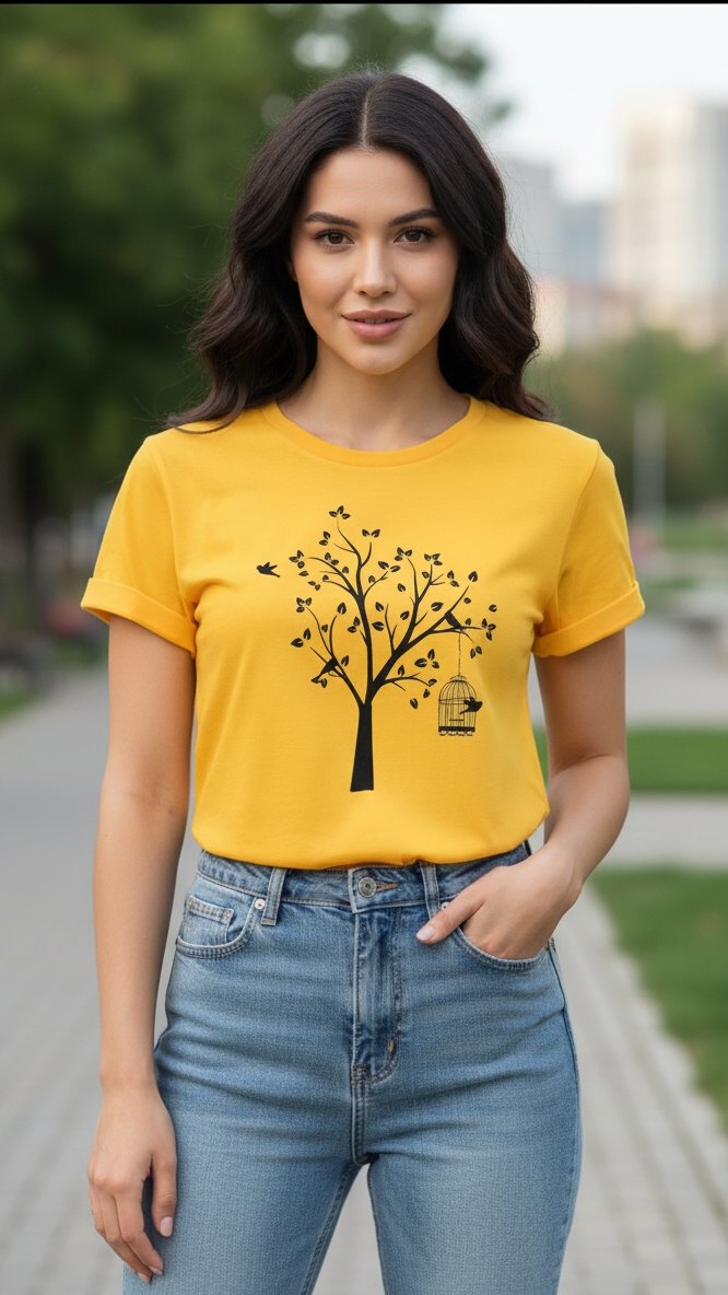Women's T-Shirt – Short Sleeve Crew Neck Casual Tee in Yellow Printed Tree Graphic T-Shirt - Mayaar Collections